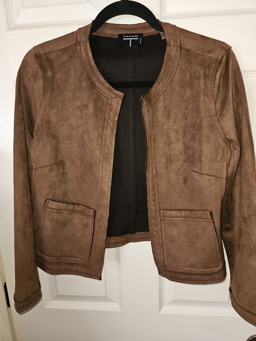 Tahari Brown Faux Suede Open-Front Jacket